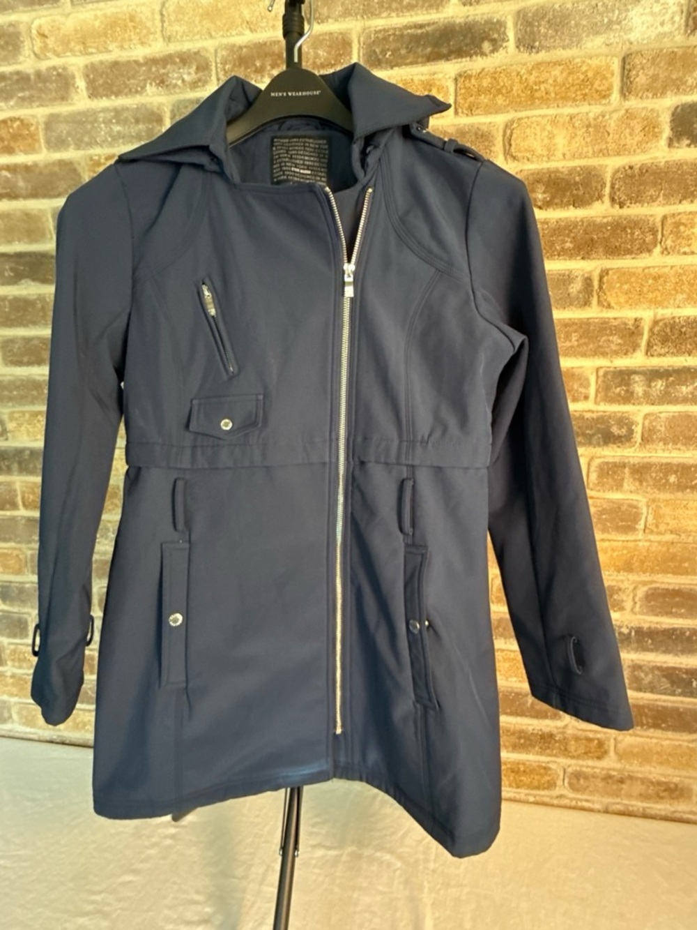 Steve Madden Minimalist Softshell Navy Hooded Moto Jacket with Zip Front